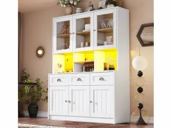Discount Merax Aparador alto de cocina - 140 x 40 x 175 cm - con puertas + LED + 3 cajones - MDF - Blanco