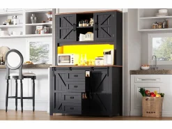 Discount Aparador alto de cocina - 115 x 40 x 174,7 cm - con puertas correderas + cajones + LED - MDF + metal - Aparador De Cocina
