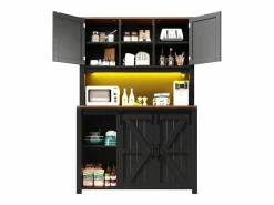 Discount Aparador alto de cocina - 115 x 40 x 174,7 cm - con puertas correderas + cajones + LED - MDF + metal - Aparador De Cocina