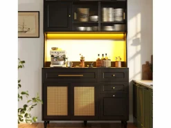 Merax Aparador alto de cocina - 120 x 45 x 195,5 cm - con estantes regulables + 3 cajones + 3 puertas + LED - MDF + ratán PE -