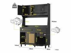 Merax Aparador alto de cocina - 120 x 45 x 195,5 cm - con estantes regulables + 3 cajones + 3 puertas + LED - MDF + ratán PE -