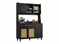 Merax Aparador alto de cocina - 120 x 45 x 195,5 cm - con estantes regulables + 3 cajones + 3 puertas + LED - MDF + ratán PE -