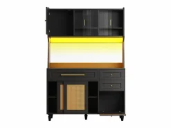 Merax Aparador alto de cocina - 120 x 45 x 195,5 cm - con estantes regulables + 3 cajones + 3 puertas + LED - MDF + ratán PE -