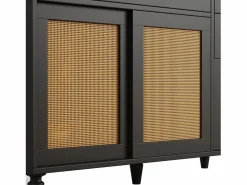 Merax Aparador alto de cocina - 120 x 45 x 195,5 cm - con estantes regulables + 3 cajones + 3 puertas + LED - MDF + ratán PE -