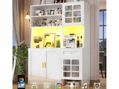 Merax Aparador alto de cocina - 130 x 45 x 180 cm - con puertas de cristal + LEDs + cajón + estante - MDF -