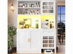 Merax Aparador alto de cocina - 130 x 45 x 180 cm - con puertas de cristal + LEDs + cajón + estante - MDF -