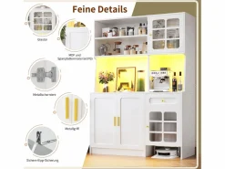 Merax Aparador alto de cocina - 130 x 45 x 180 cm - con puertas de cristal + LEDs + cajón + estante - MDF -