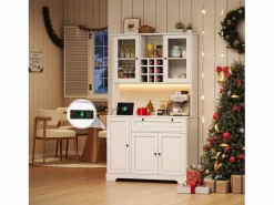 Merax Aparador alto de cocina - 105 x 40 x 180 cm - con cajón + 5 puertas + estantes + LED + enchufes - MDF -
