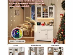 Merax Aparador alto de cocina - 105 x 40 x 180 cm - con cajón + 5 puertas + estantes + LED + enchufes - MDF -