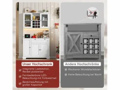 Merax Aparador alto de cocina - 105 x 40 x 180 cm - con cajón + 5 puertas + estantes + LED + enchufes - MDF -