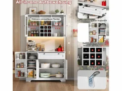 Merax Aparador alto de cocina - 105 x 40 x 180 cm - con cajón + 5 puertas + estantes + LED + enchufes - MDF -