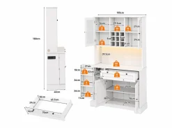 Merax Aparador alto de cocina - 105 x 40 x 180 cm - con cajón + 5 puertas + estantes + LED + enchufes - MDF -
