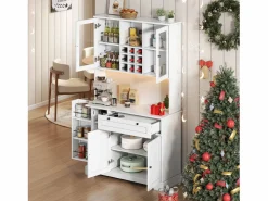 Merax Aparador alto de cocina - 105 x 40 x 180 cm - con cajón + 5 puertas + estantes + LED + enchufes - MDF -