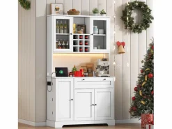 Merax Aparador alto de cocina - 105 x 40 x 180 cm - con cajón + 5 puertas + estantes + LED + enchufes - MDF -