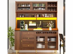 Outlet Aparador alto de cocina - 145 x 39 x 171 cm - con LEDs + botellero + puertas de cristal + 3 cajones - cristal + MDF - natural Aparador De Cocina