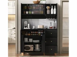 Merax Aparador alto de cocina con enchufes y tablero perforado - 120 x 40 x 184 cm - con puertas + 3 cajones + balda - MDF -