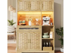 Clearance Aparador alto de cocina para salón - 120 x 40 x 180 cm - con 1 cajón + 6 puertas + LED - Cristal + MDF + metal - natural Aparador De Cocina