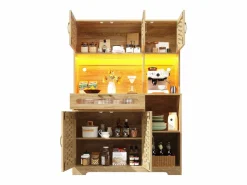 Clearance Aparador alto de cocina para salón - 120 x 40 x 180 cm - con 1 cajón + 6 puertas + LED - Cristal + MDF + metal - natural Aparador De Cocina