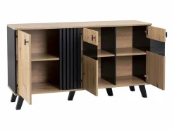 Hot Merax Aparador bajo - Decoración artesanal de roble y negro - 3 puertas de cristal y tableros de partículas - An 140 x Al 78 x Pr 41 cm Color natural claro