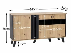Hot Merax Aparador bajo - Decoración artesanal de roble y negro - 3 puertas de cristal y tableros de partículas - An 140 x Al 78 x Pr 41 cm Color natural claro