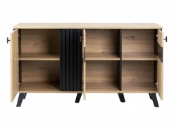 Hot Merax Aparador bajo - Decoración artesanal de roble y negro - 3 puertas de cristal y tableros de partículas - An 140 x Al 78 x Pr 41 cm Color natural claro