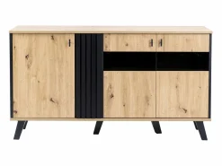 Hot Merax Aparador bajo - Decoración artesanal de roble y negro - 3 puertas de cristal y tableros de partículas - An 140 x Al 78 x Pr 41 cm Color natural claro