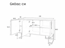 Discount Aparador bajo de 3 puertas con estantes regulables - 138x40x80,5cm - Madera MDF y metal dorado - Aparador