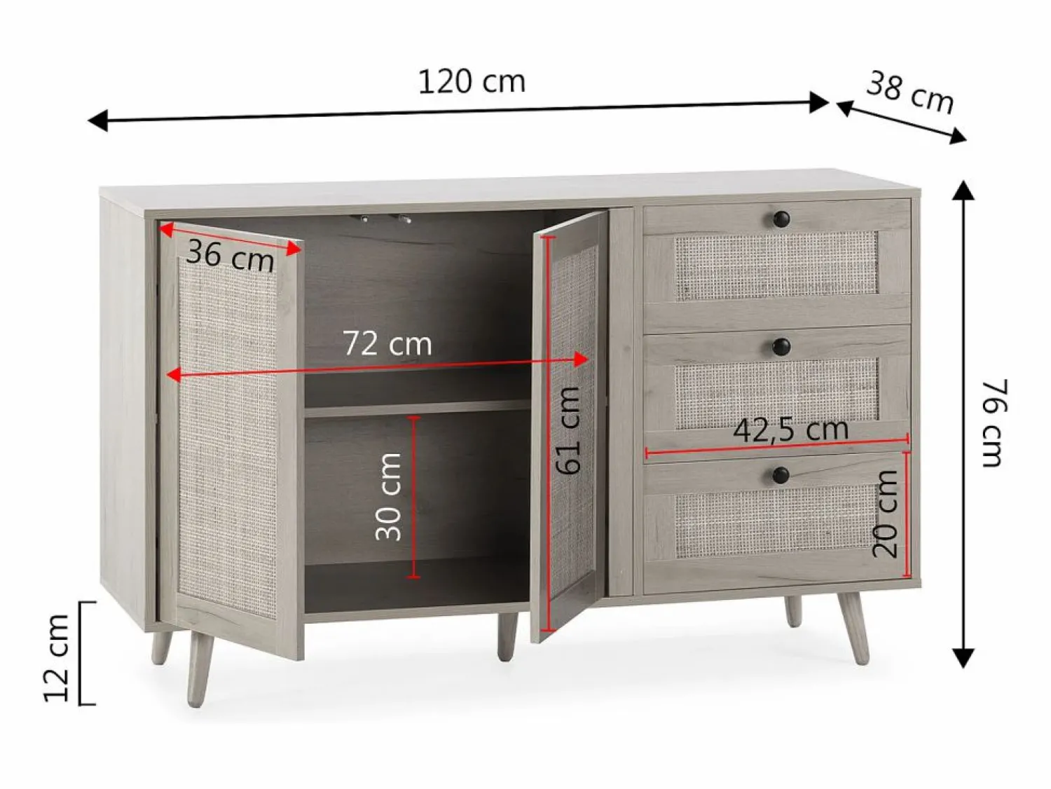 Clearance Aparador Bella 3 cajones y 2 puertas color roble, 120 cm Aparador