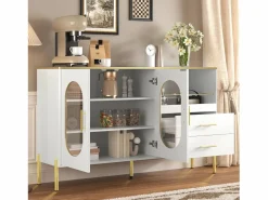 Discount Aparador con 2 cajones y 2 puertas de cristal, tiradores y patas dorados - para salón y comedor Aparador De Cocina