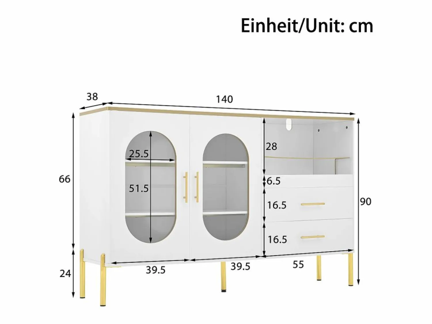 Discount Aparador con 2 cajones y 2 puertas de cristal, tiradores y patas dorados - para salón y comedor Aparador De Cocina