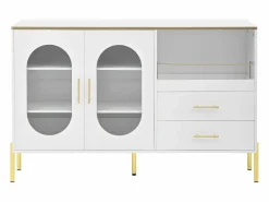 Discount Aparador con 2 cajones y 2 puertas de cristal, tiradores y patas dorados - para salón y comedor Aparador De Cocina