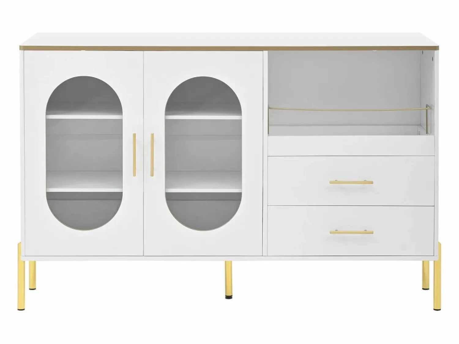 Discount Aparador con 2 cajones y 2 puertas de cristal, tiradores y patas dorados - para salón y comedor Aparador De Cocina