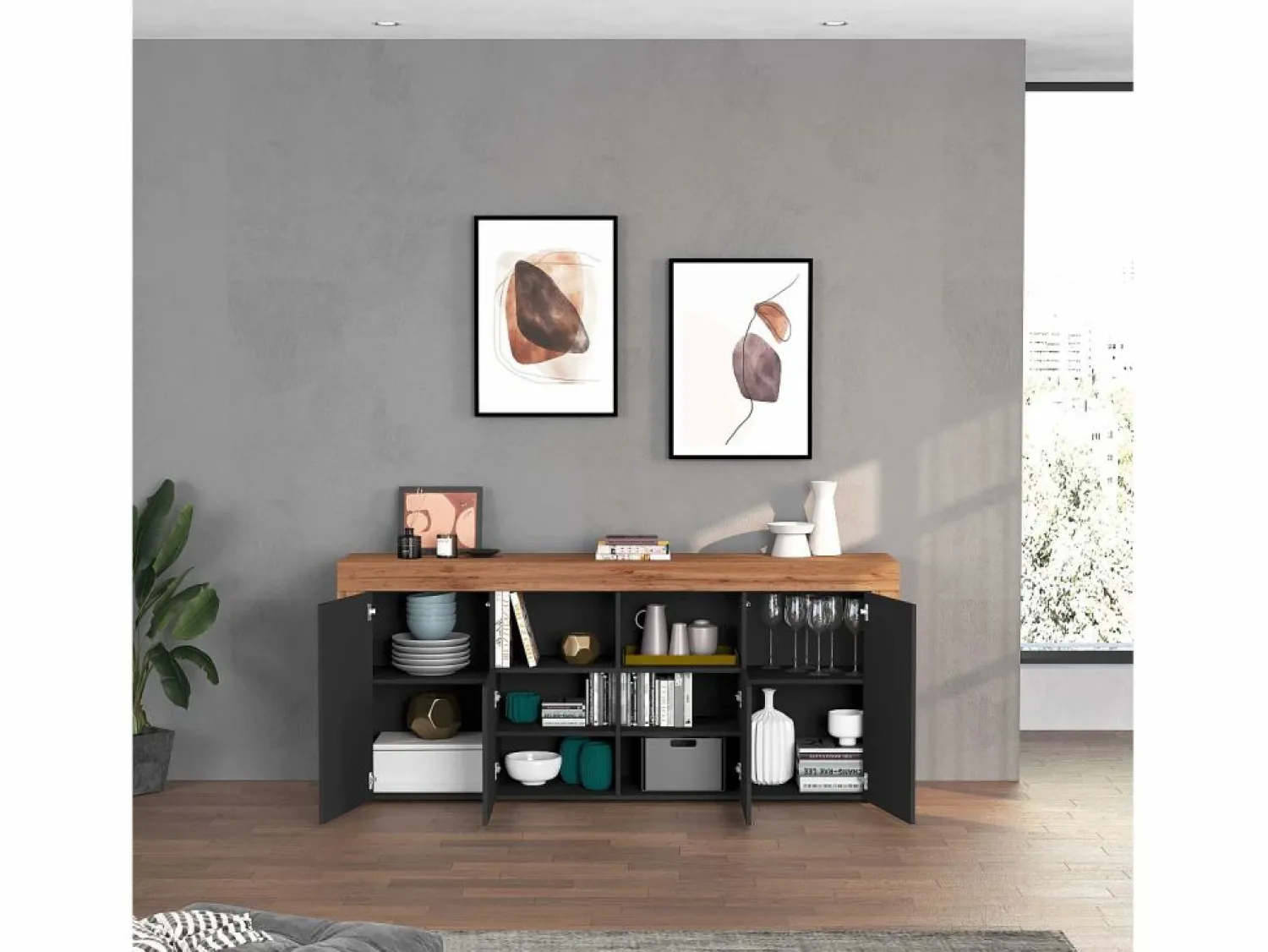 Aparador Chronos con 4 puertas y 2 compartimentos, color antracita mate y roble, 200 x 40 x 85 cm