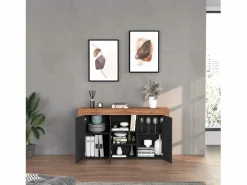 Aparador Chronos con 3 puertas y 1 compartimento, color antracita mate y roble, 155 x 40 x 85 cm