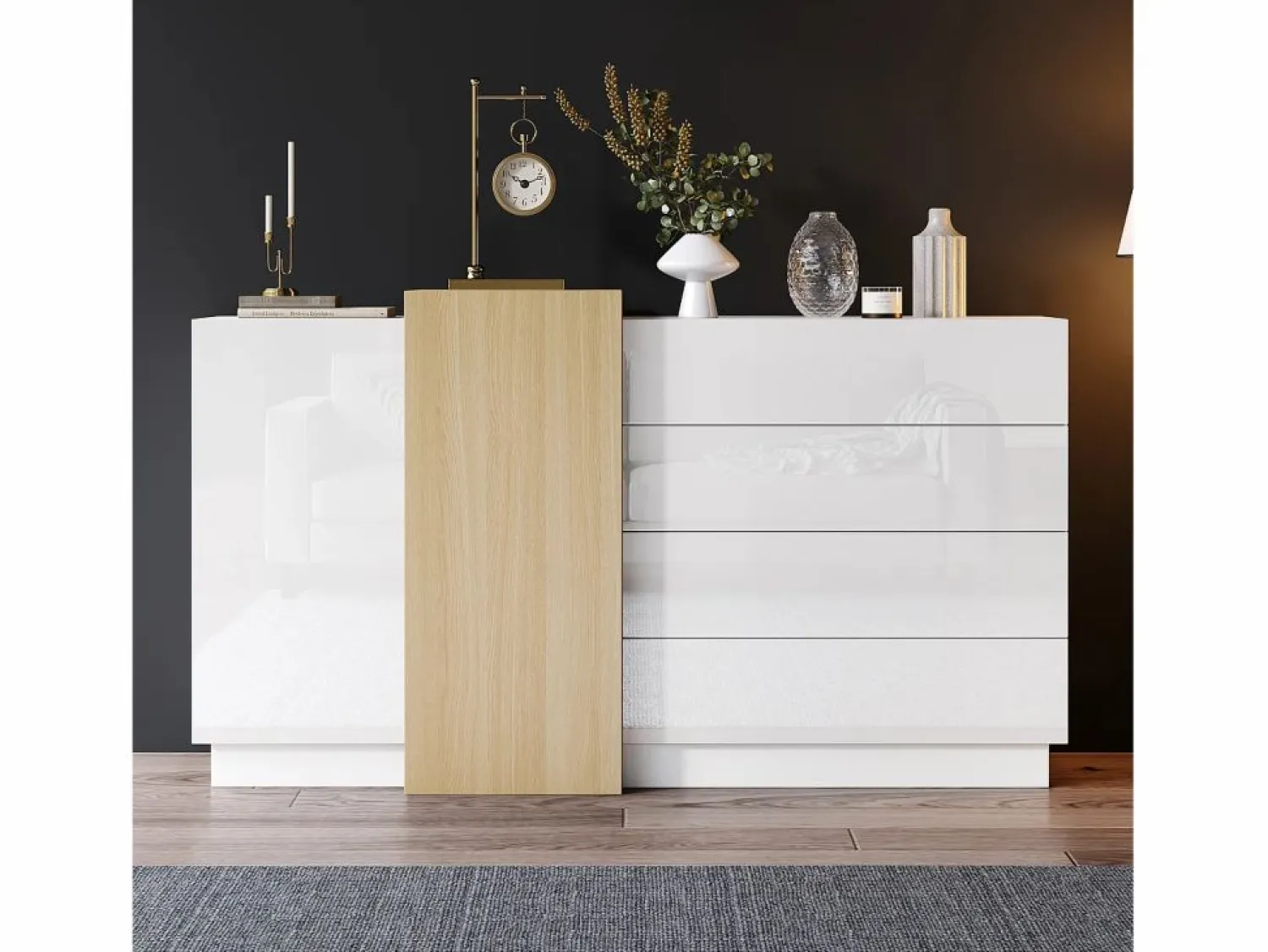 Clearance Aparador con 3 cajones y 4 puertas - 160 x 37 x 75 cm - Madera MDF - Color brillo y madera Aparador De Cocina