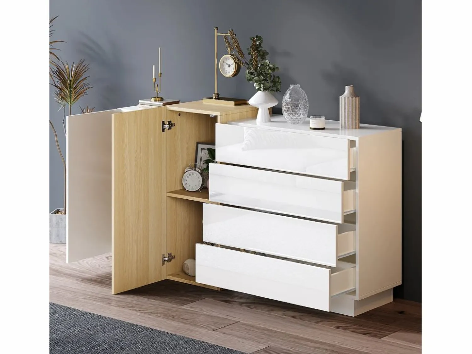 Clearance Aparador con 3 cajones y 4 puertas - 160 x 37 x 75 cm - Madera MDF - Color brillo y madera Aparador De Cocina