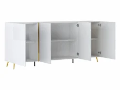 Discount Vente-unique Aparador con 4 puertas - 200 cm - Blanco brillante y Dorado - MARZIALO Blanco / Dorado