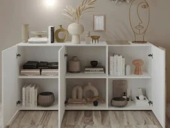 New Vente-unique Aparador con 3 puertas - Blanco y natural claro - CAYNO Color natural claro / Blanco