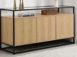 Vente-unique Aparador con 3 puertas de MDF, vidrio templado y metal - Natural claro - CAMATA