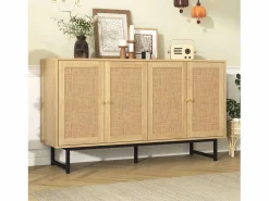 Merax Aparador con 4 puertas de ratán - 140 x 39,5 x 80 cm - Tablero de partículas - Color madera