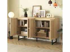 Merax Aparador con 4 puertas de ratán - 140 x 39,5 x 80 cm - Tablero de partículas - Color madera
