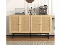 Merax Aparador con 4 puertas de ratán - 140 x 39,5 x 80 cm - Tablero de partículas - Color madera