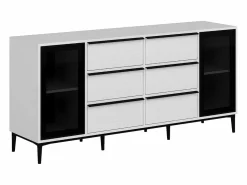 New Vente-unique Aparador con 2 puertas de vidrio templado y 6 cajones - Blanco y negro - MOLINIA Negro / Blanco