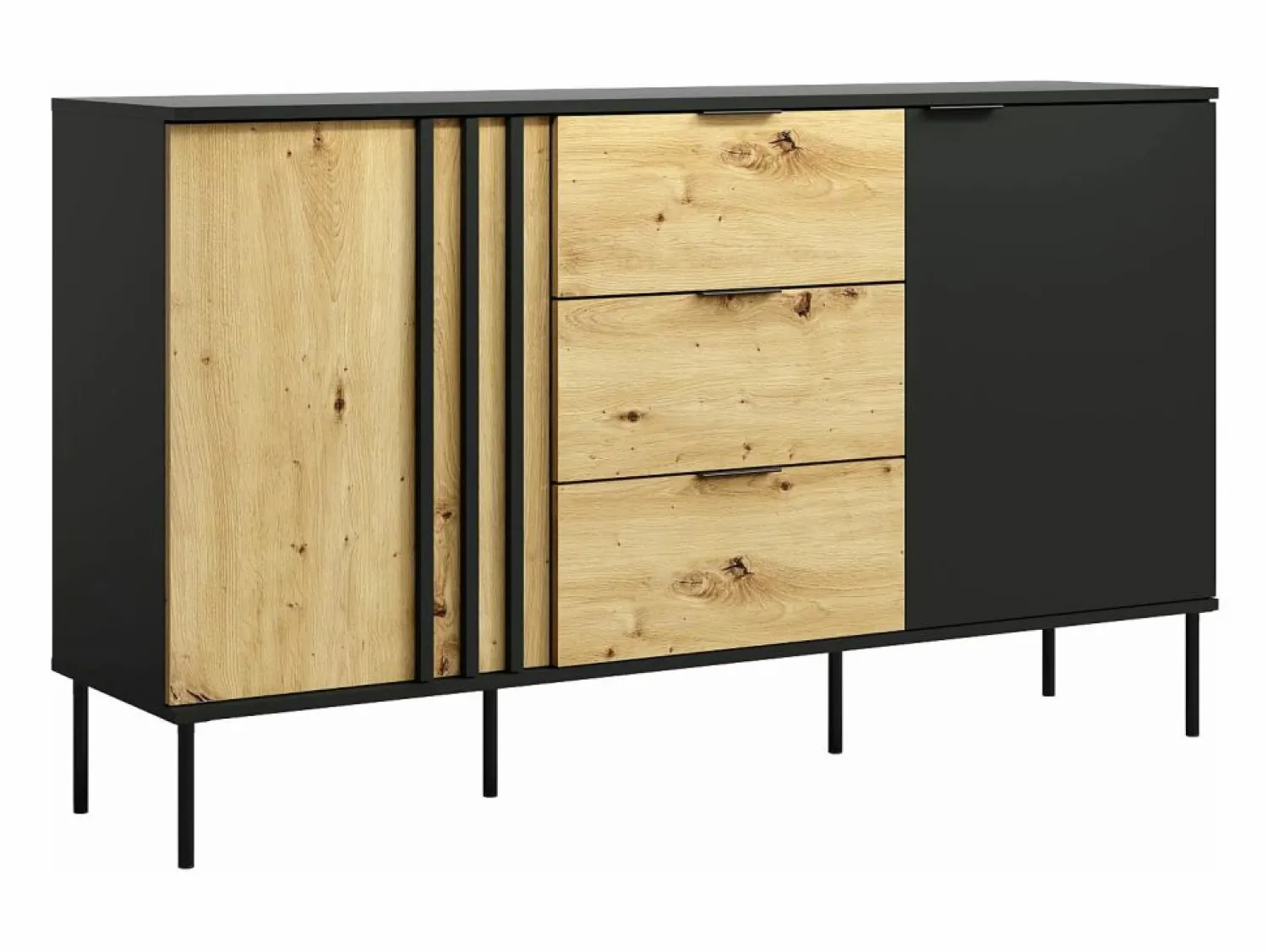New Vente-unique Aparador con 2 puertas y 3 cajones - Negro y natural - TUNALO Negro / Color natural claro