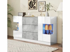 Hot Aparador con 2 puertas y 3 cajones - 140 x 35 x 75 cm - MDF y cristal - Aspecto mármol y gris brillo Aparador