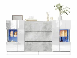 Hot Aparador con 2 puertas y 3 cajones - 140 x 35 x 75 cm - MDF y cristal - Aspecto mármol y gris brillo Aparador