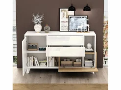 New Aparador con 2 puertas y 2 cajones - 120 x 40 x 75 cm - Tablero de partículas - brillo + Roble claro Aparador De Cocina