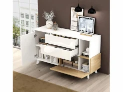 New Aparador con 2 puertas y 2 cajones - 120 x 40 x 75 cm - Tablero de partículas - brillo + Roble claro Aparador De Cocina