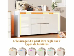Aparador con iluminación LED y 2 cajones - Cómoda de 4 puertas con compartimentos - Mueble de almacenaje - Mueble de cocina/salón - Blanco