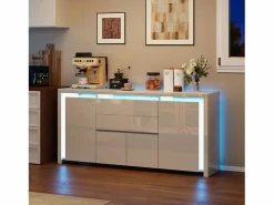 Aparador con iluminación LED y 2 cajones - Cómoda de 4 puertas con compartimentos - Mueble de almacenaje - Mueble de cocina/salón - Blanco